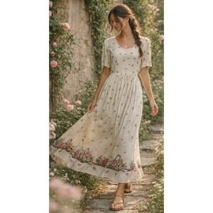 Vintage KC Spencer Floral Maxi Dress Cream Cottagecore USA 12